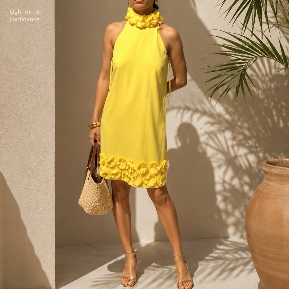 Yellow Halter Dress with Floral Trim